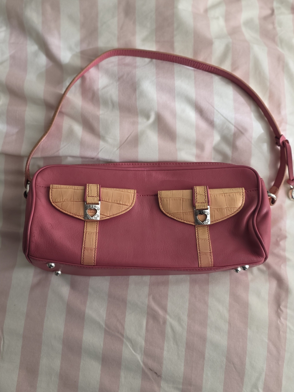 Brighton Pink Shoulder Bag with Tan Flap Accents